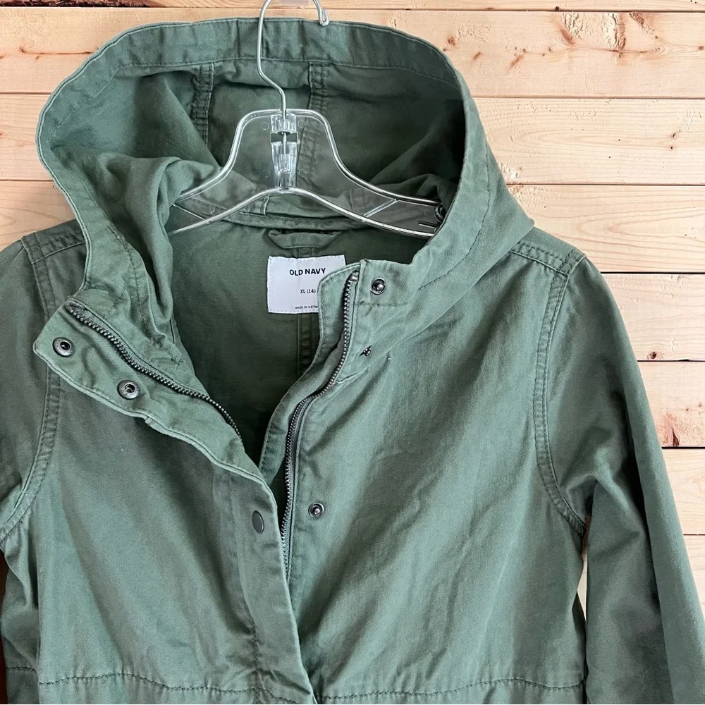 Old Navy Army Green Zipper snap Button Front Hoody Jacket kids size XL (14)